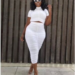 Elegant White Ruched Skirt Set